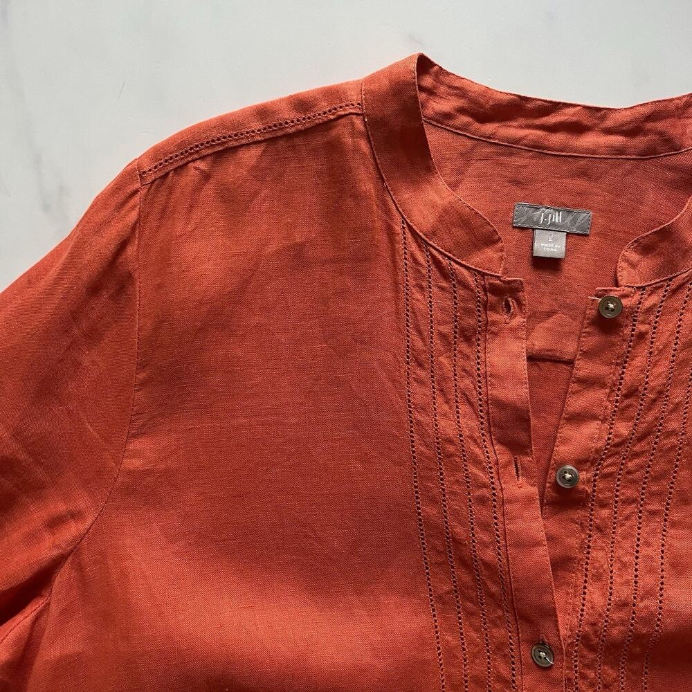 J Jill Linen Tunic Top Mandarin Collar Terracotta Sz L Minimalist Chic Lagenlook - Picture 9 of 12